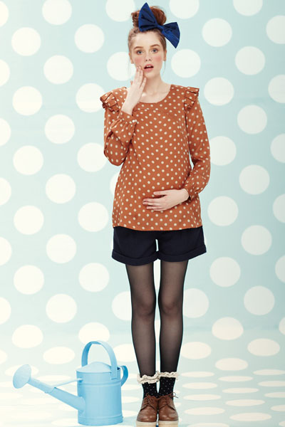 38周磚紅色波點泡泡袖上衣