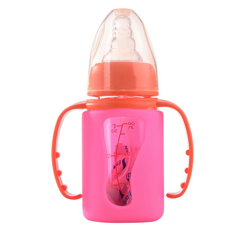 矽利康有手柄標口玻璃奶瓶90ml