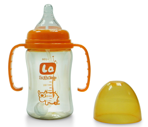 樂(lè)樂(lè)寶貝嬰幼兒帶炳奶瓶橘紅色