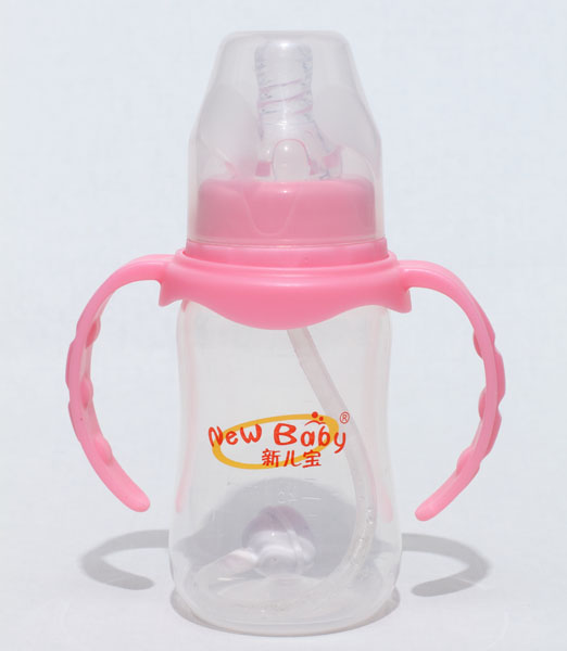 新兒寶粉紅色雙耳自動圓腰形PP奶瓶120ml