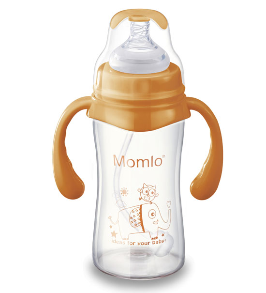 苗苗樂(lè)帶手柄嬰兒玻璃奶瓶黃色