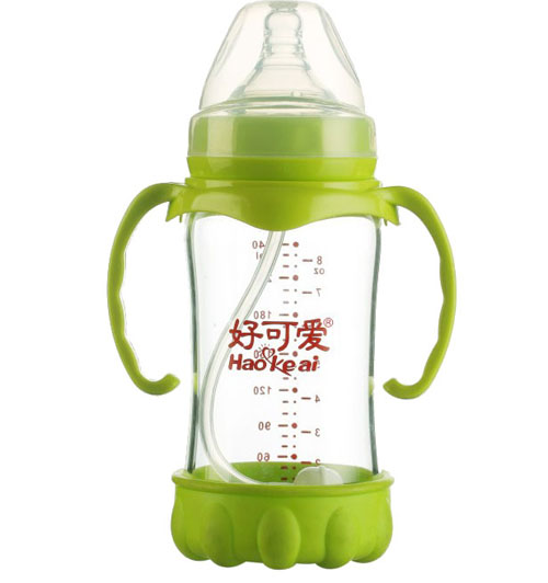 好可愛寬口自動(dòng)吸管手柄弧形晶鉆玻璃奶瓶240ML