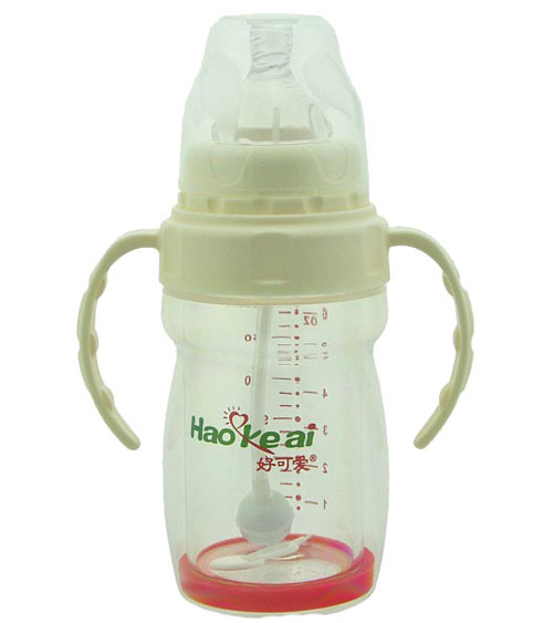 好可愛寬口自動(dòng)吸管手柄雙層晶鉆玻璃奶瓶180ML