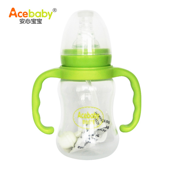 安心寶寶125ml標(biāo)口圓弧形雙耳自動(dòng)PP奶瓶綠色手柄