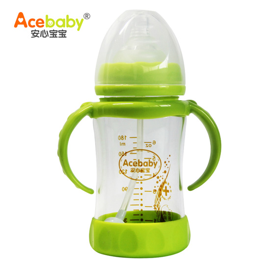 安心寶寶180ml防摔雙耳自動(dòng)高硼硅玻璃奶瓶綠色