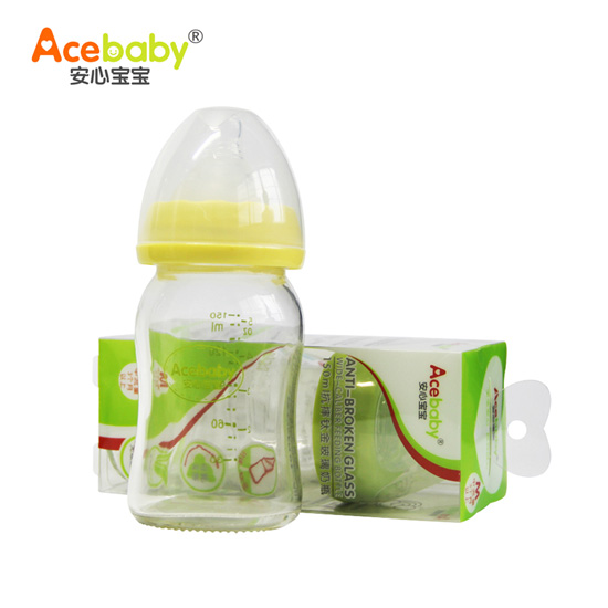 安心寶寶150ml抗摔鈦金玻璃奶瓶黃色綠色盒裝