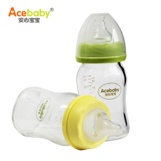 安心寶寶150ml抗摔鈦金玻璃奶瓶黃色綠色豎裝