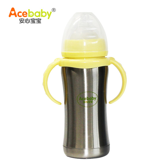 安心寶寶180ml寬口不銹鋼保濕奶瓶黃色手柄