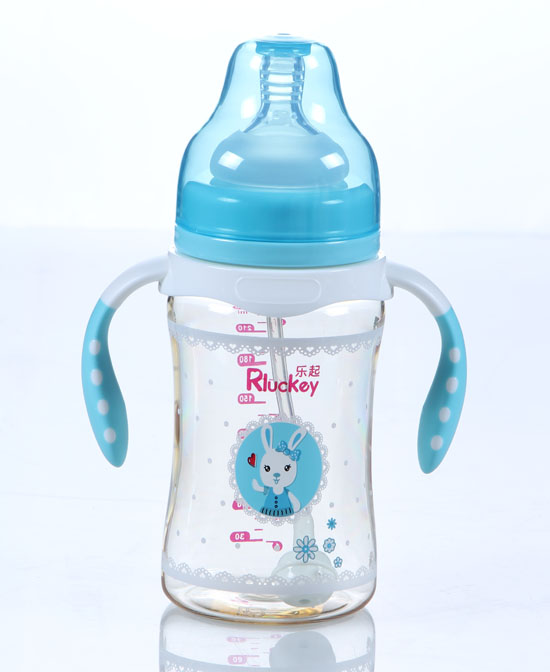 樂起PPSU帶柄透明防摔寬口徑奶瓶藍色
