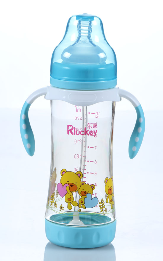樂(lè)起帶柄寬口徑300ML防滑奶瓶藍(lán)色