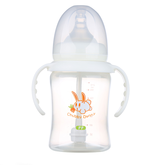 丘比兔PP寬口徑葫蘆型自動(dòng)把奶瓶210ML白色