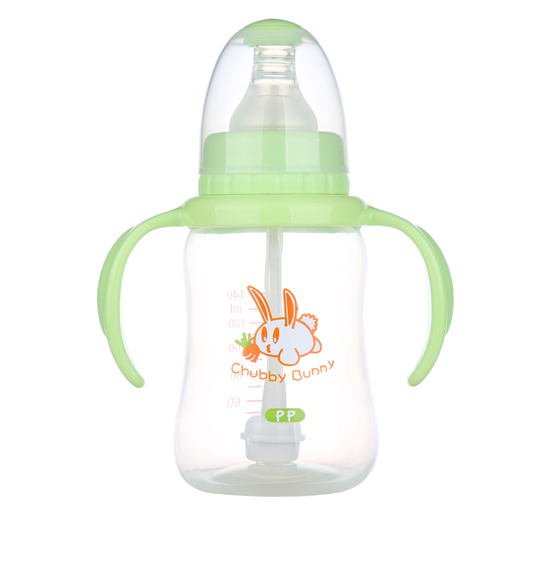 丘比兔PP標準口徑葫蘆型自動把手奶瓶140ML綠色