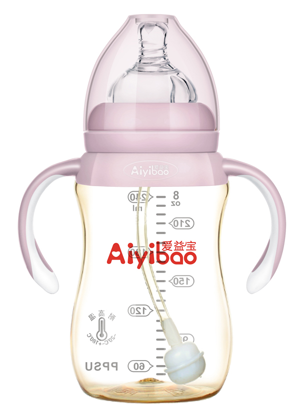 愛益寶寬口弧形有柄自動PPSU奶瓶240ml 粉色