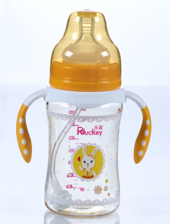 樂起PPSU帶柄透明防摔寬口徑奶瓶橙色