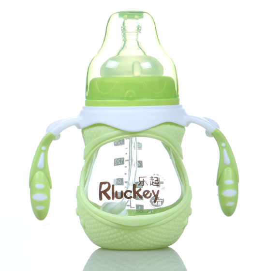 樂起180ml防摔玻璃奶瓶綠色帶柄